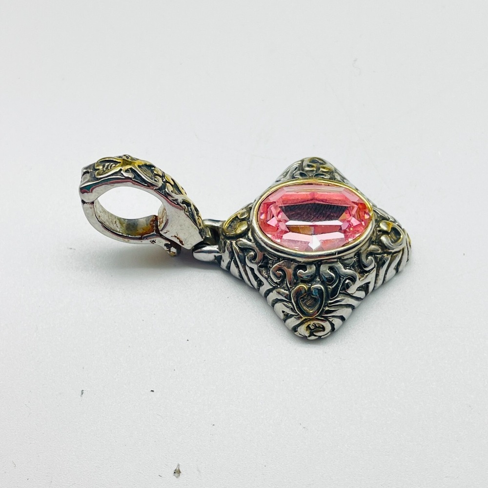 Signed John Candice Pink Crystal Pendant Silver Tone Filigree Vintage Charm Gift - Picture 4 of 7
